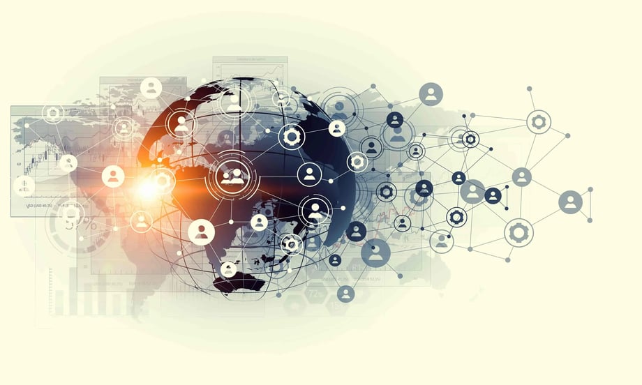 Abstract image of a globe with interconnected user icons, data charts, and a network of lines, symbolizing global digital communication.